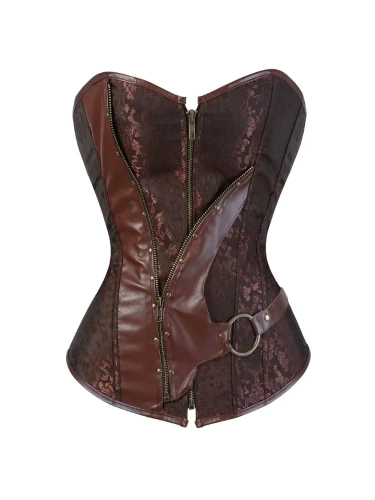 Overbust Corset Top Pirate Jacquard Vintage Corsets for Women Lace Up Corset Belt Steampunk Cosplay Costume Brown