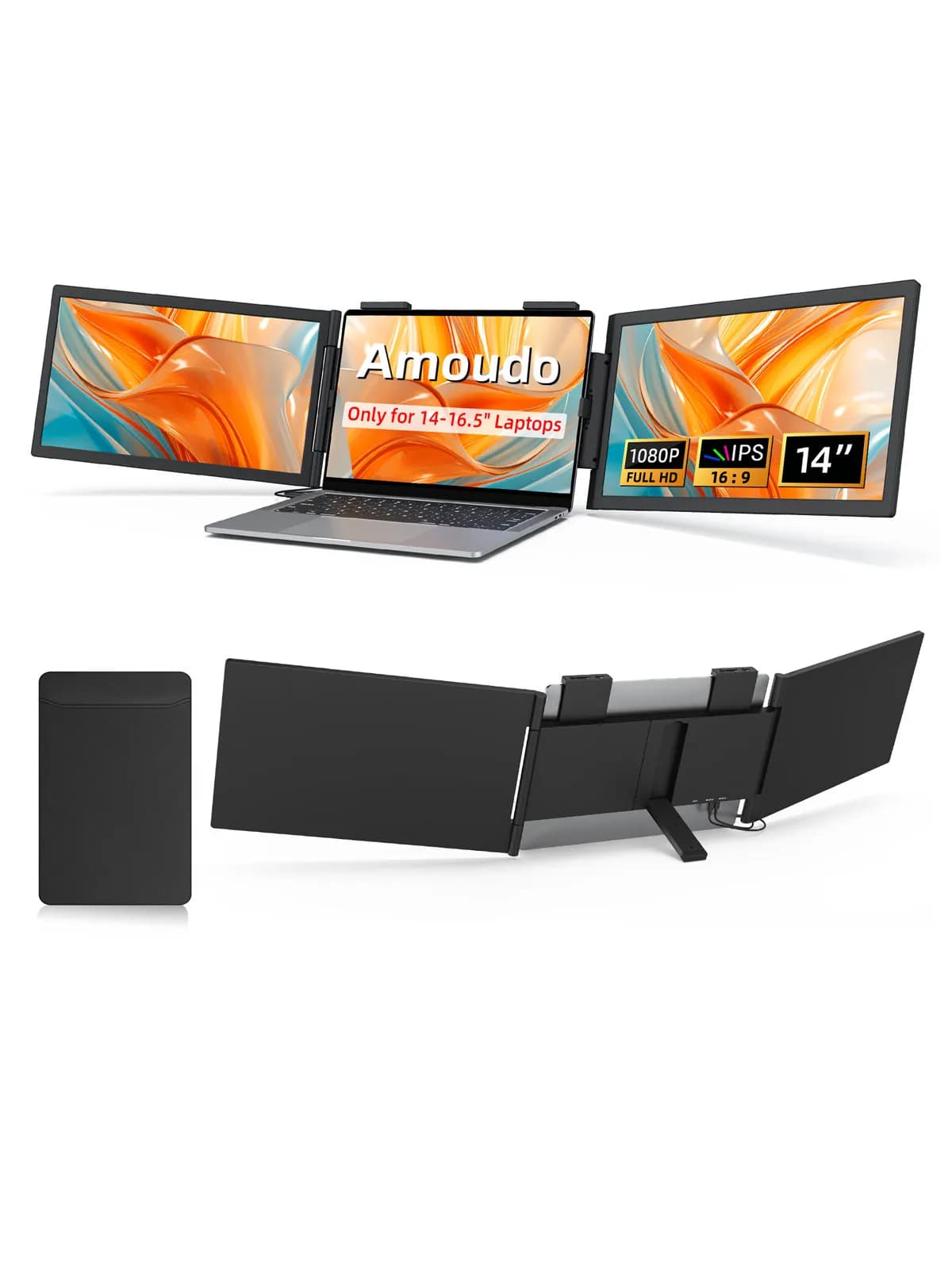 Amoudo14 Inch Dual Portable Monitor 1920*1080P IPS Portable Triple Monitor with USB-C Port for 14-16.5" Laptops Windows/Mac Xbox