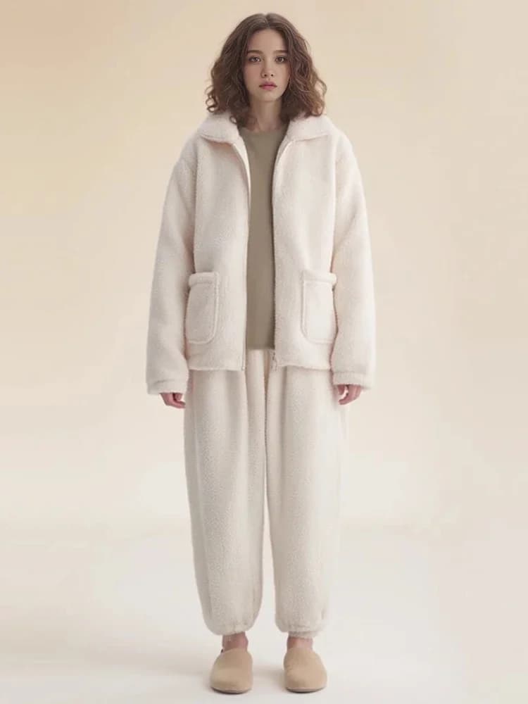 Female Sleepwear Trouser Suit Thickened Flannel 2PCS Pajamas Set Autumn Winter Warm Coral Fleece Nightwear Lounge Wear Homewear