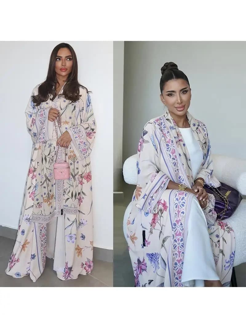 Eid Women Abaya Flower Print Open Cardigan Scarf Party Dress Muslim Long Sleeve Jalabiya Ramadan Abayas Kaftan Arab Long Robe