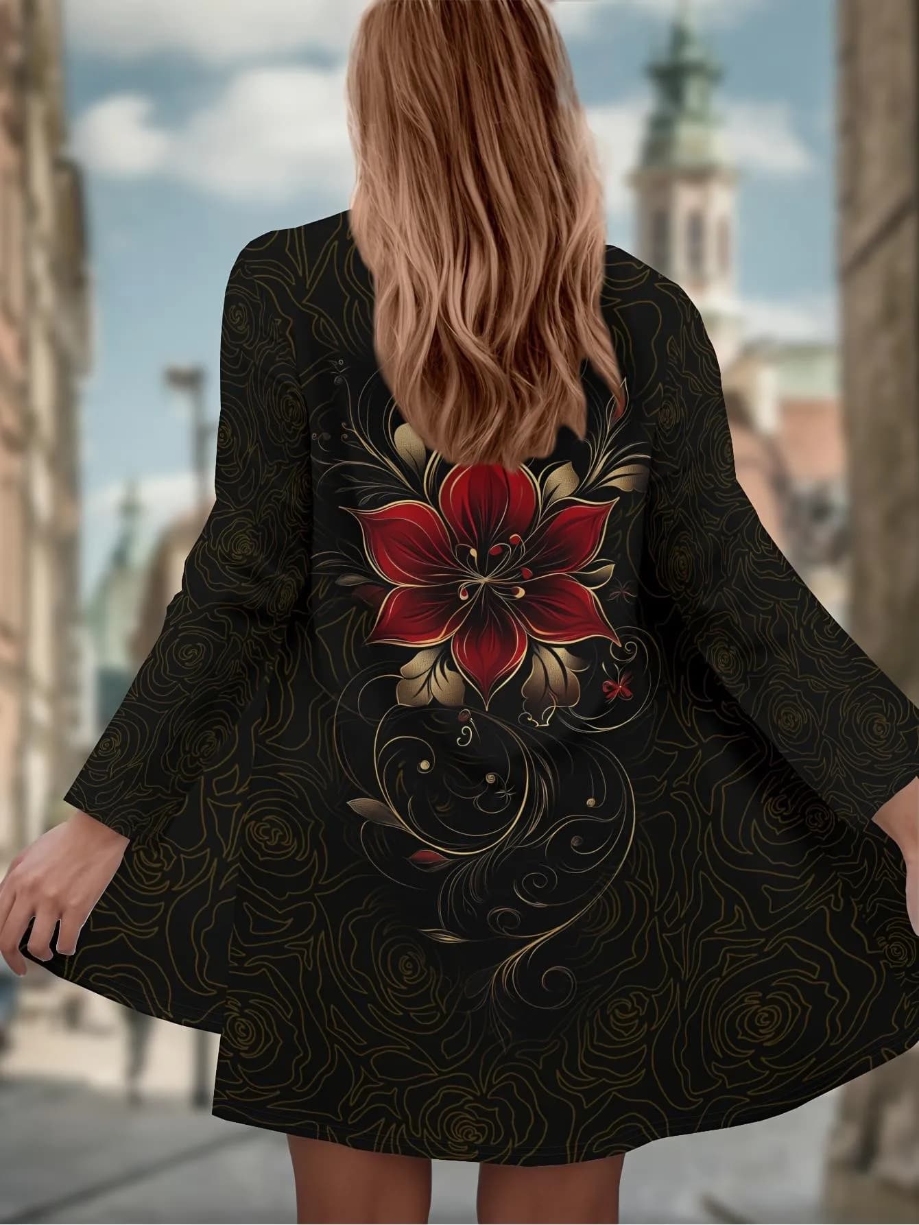 Fashion Women's Vintage Flower Long Sleeve Cardigan, Polyester Open Front, Lightweight Cover Up, Spring Autumn Casual Coat