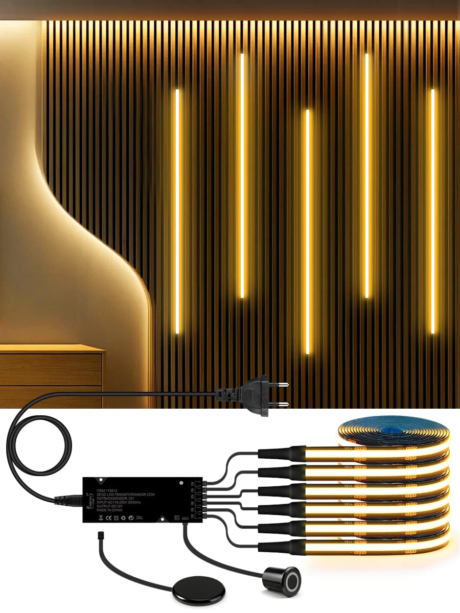 Acoustic Curtain Wall Walnut Wood Grille Panel Decor COB LED Light Strip Kit Black FPCB Lamp Tape Two Type Touch Sensor Dimmmer