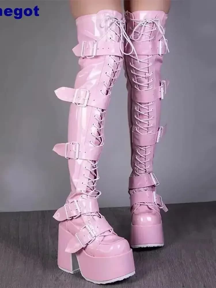 Pink Platform Belt Buckle Women's Boots 2024 Autumn Round Toe Cross Strap Thick High Heels Fashion Overknee Street Knight Boots