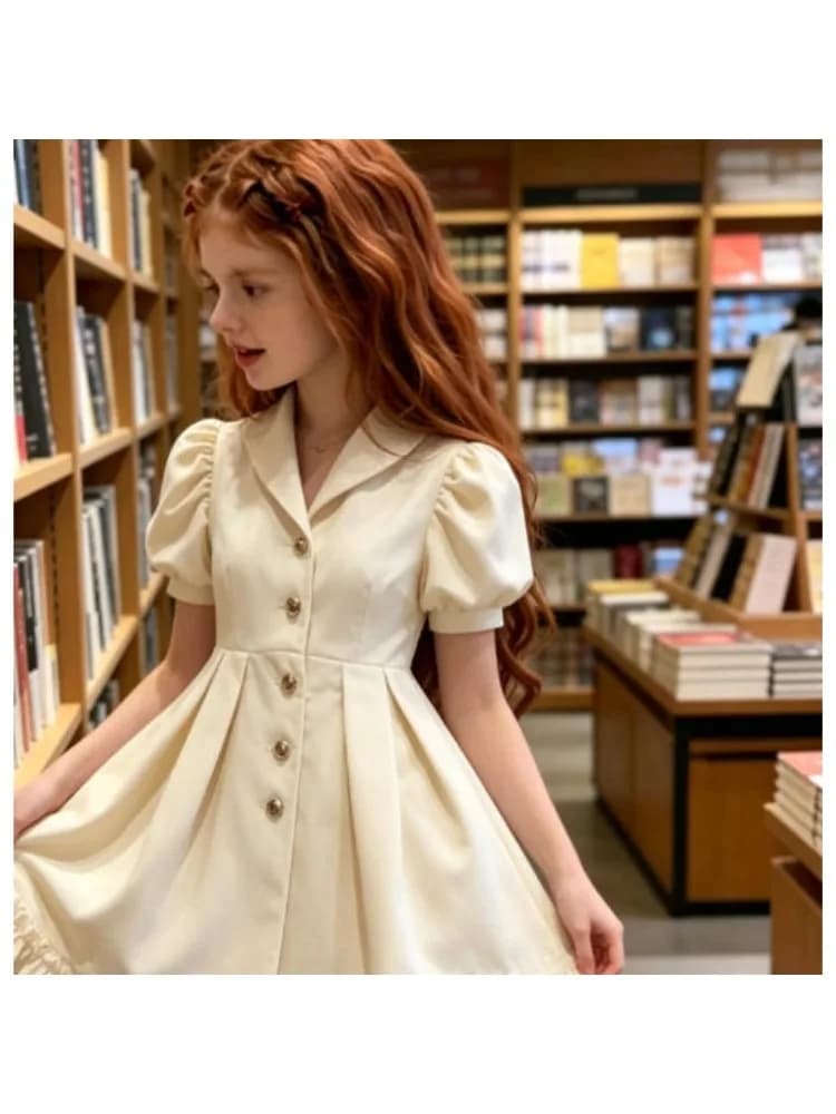 Russian girls' pure cotton spring and autumn French JK temperament skirt, lapel cardigan princess dress