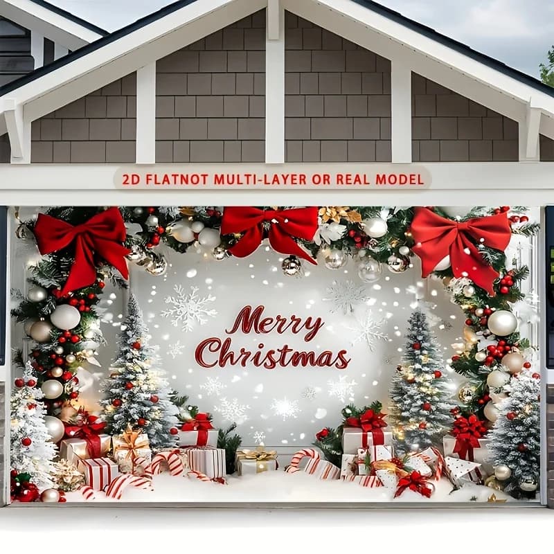 1 festive Christmas party banner with snowy landscape, decorative bow and wrapped gifts for home and room wall decoration