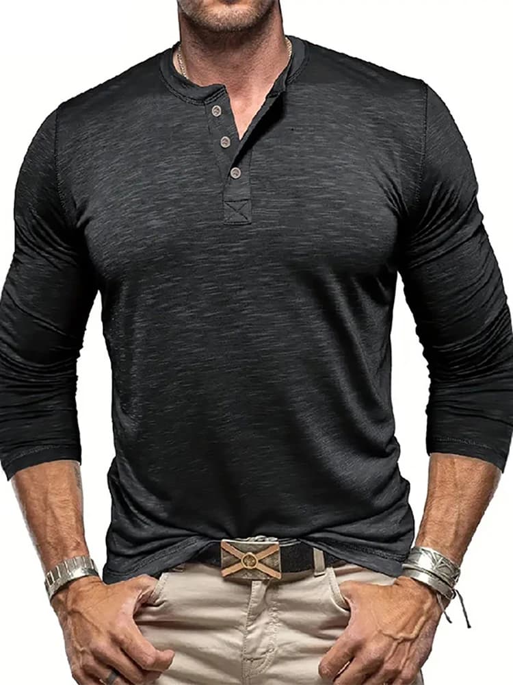 New Autumn Long Sleeve T-Shirt Mens Casual Solid Color Top Henley Neck Slim Versatile Work T-shirt Breathable Outdoor Thin Tee