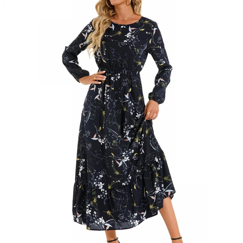 Women Floral Printed Maxi Dresses Spring Summer Casual O Neck Full Sleeve High Waist A Line Boho Beach Party Long Dress Vestidos