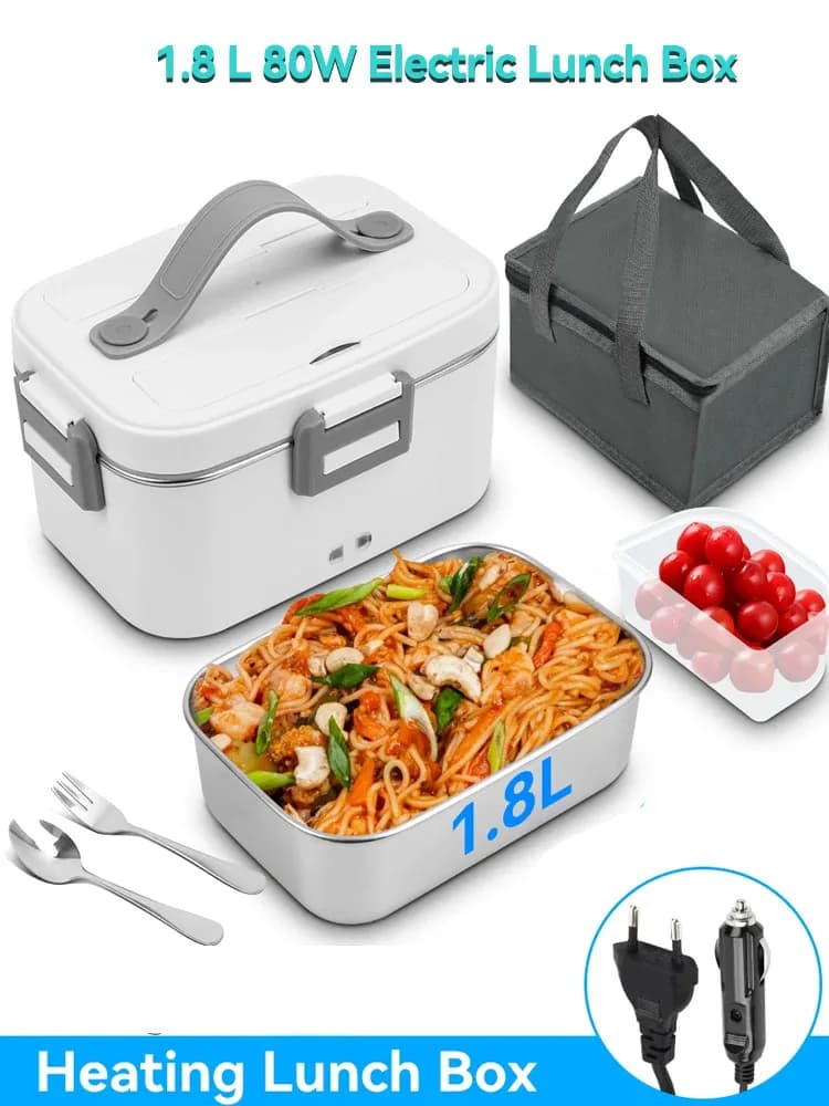 Electric Lunch Box 80W 1.8L Portable Food Warmer Stainless Steel Detachable Heating Bowl Large Capacity For Car Or Home