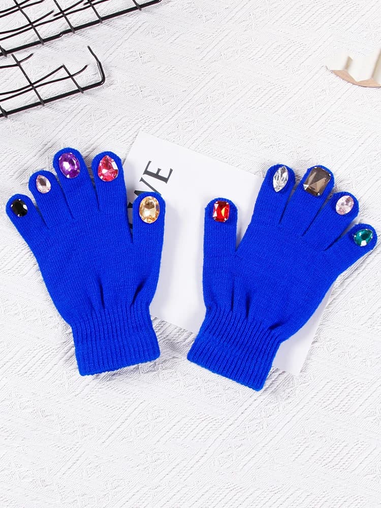 Winter Creative DIY Finger Thickened Warm Manicure Gloves Women Knitted Mittens Shiny Rhinestone Colored Diamond Gloves