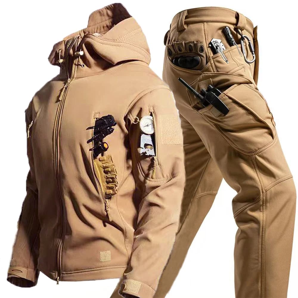 Winter Autumn Tactical Jackets Elastic Men Fleece Waterproof Suits Fishing Warm Hiking Camping Tracksuits Set Hood Coat S-5XL