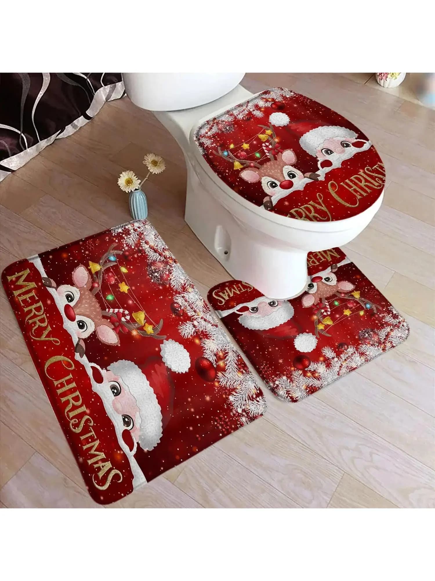 Cartoon Christmas Bath Mat Sets Funny Santa Claus Elk Xmas Balls Red New Year Carpet Bathroom Decor Door Rugs Toilet Lid Cover