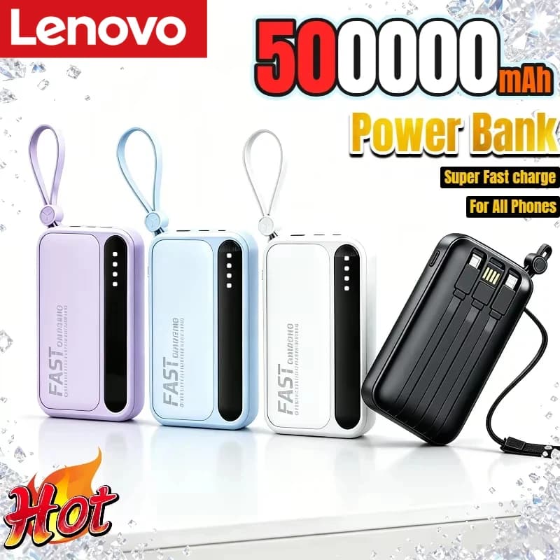 Lenovo 500000mAh Power Bank BuiIt in 4 Lines Super Fast Charging Large Capacity Portable External Battery for All Phones 2026New