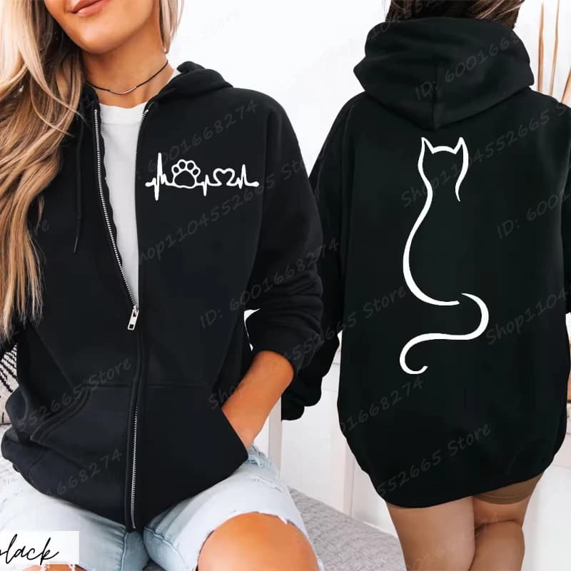 Women Zipper Hoodies Autumn Winter New Cute Cat Heatbeat Line Print Hoodies Hip Hop Streetwear Women Zip Up Jacket Coat Clothing