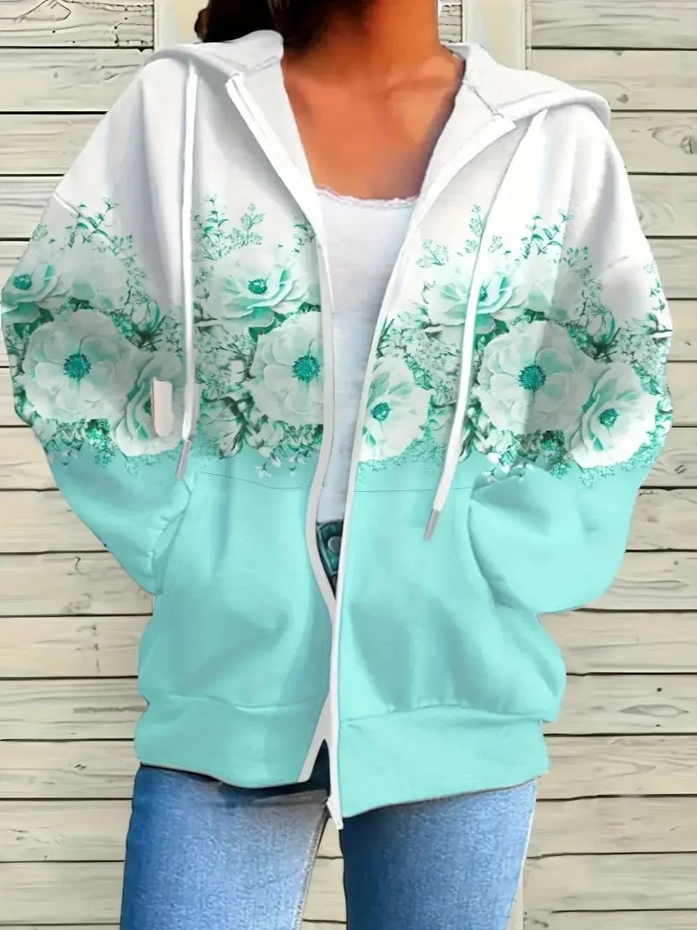 Womens Casual Floral Print Hoodie Top Elegant Lavender Long Sleeve with Pockets Women's Sweater Comfortable Plus Size Zip Hoodie