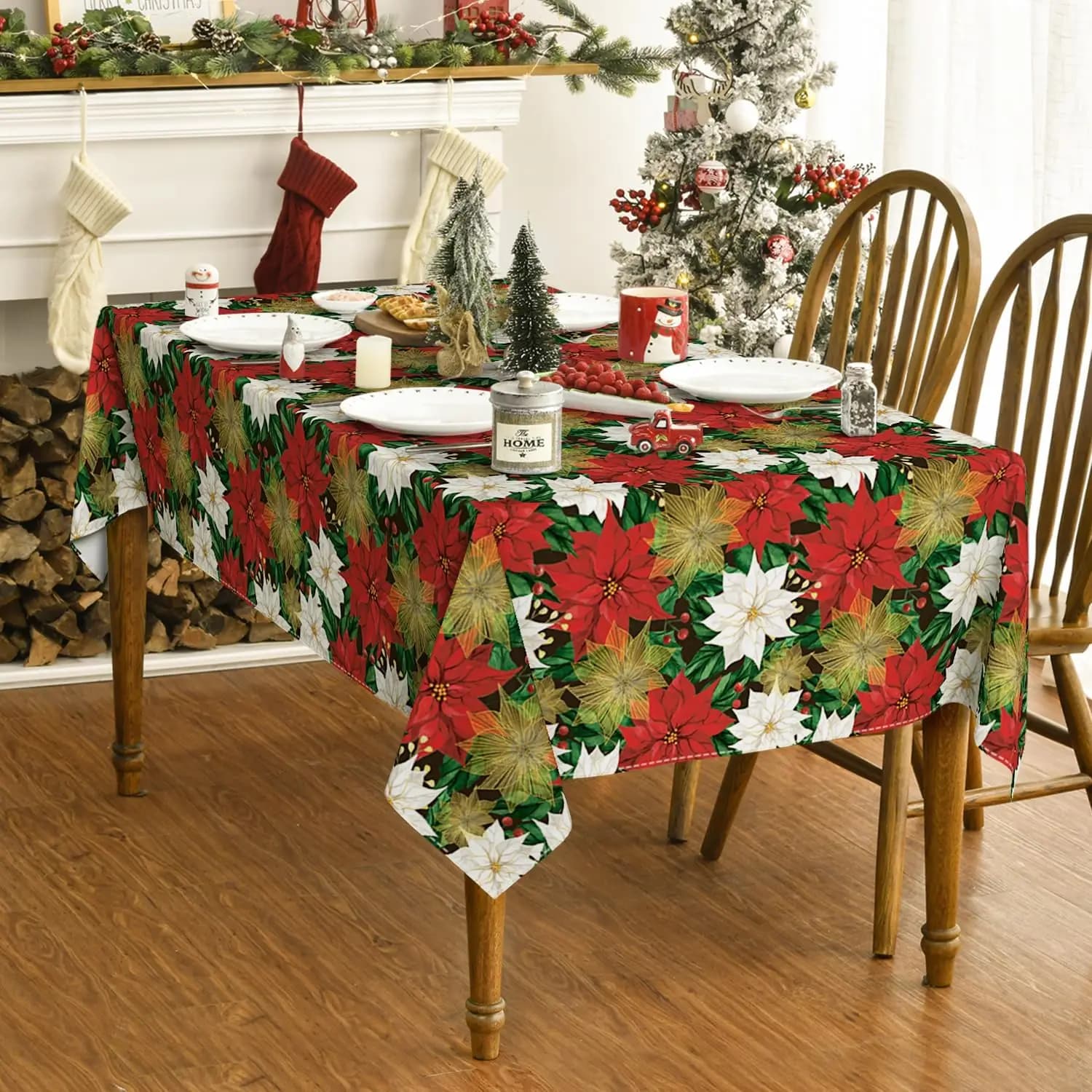Christmas Red White Poinsettia Waterproof Tablecloth Winter Xmas Party Decor Reusable Wedding Table Decor Navidad Decoration2025