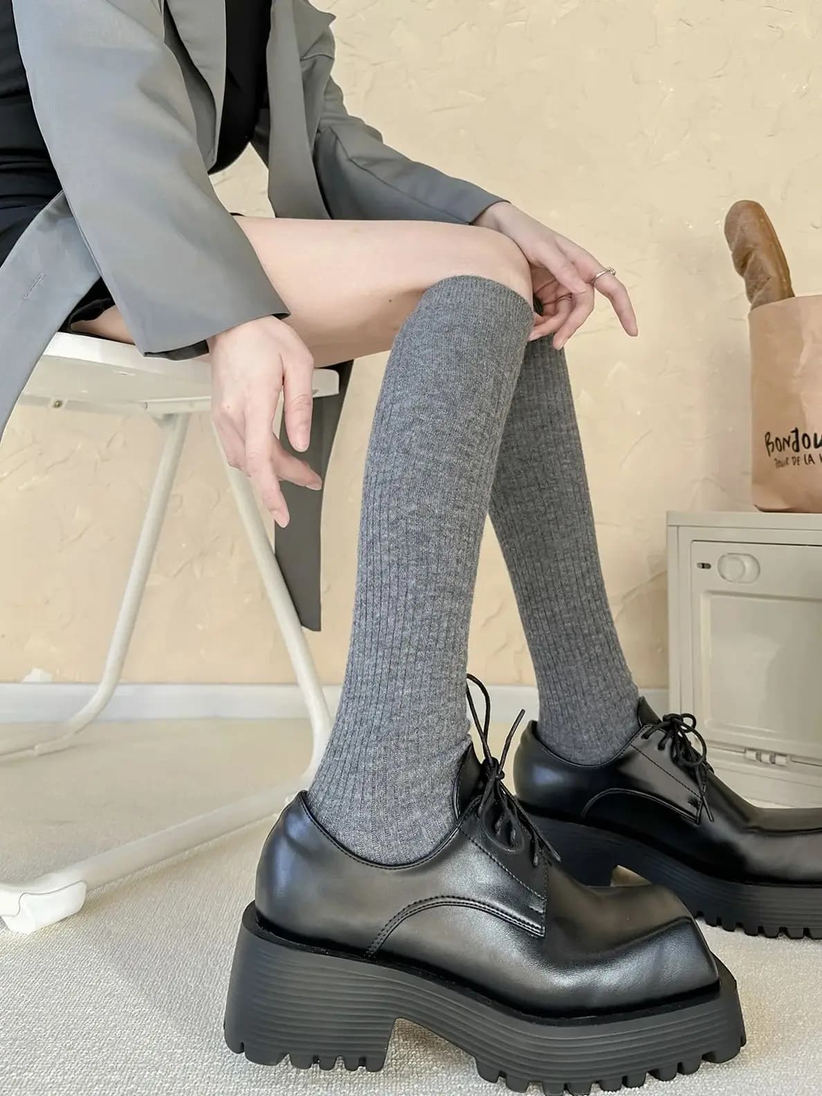 Socks Woman Autumn and Winter Thick Warm Solid Color Calf-length Socks Black White Vertical Stripes Socks for Women