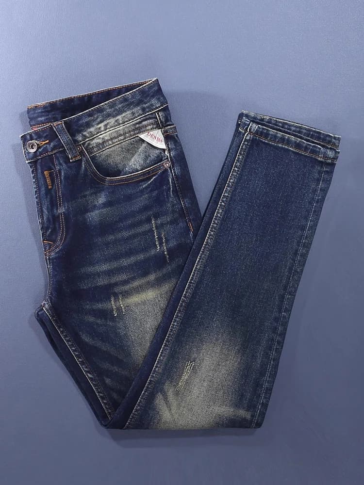 Fashion Designer Men Jeans Retro Washed Blue High Quality Stretch Slim Fit Ripped Jeans Men Italian Style Vintage Denim Pants
