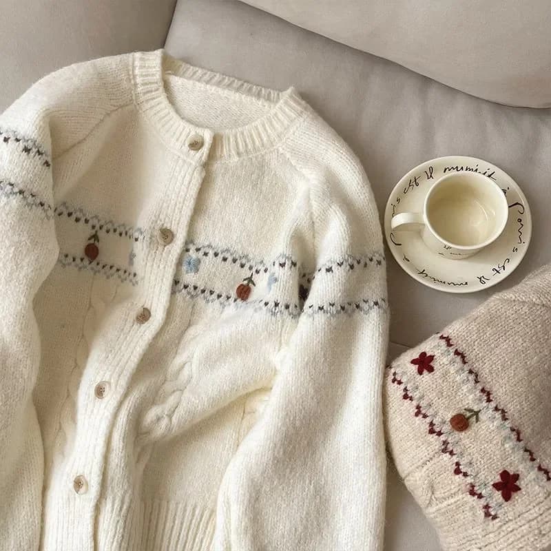 Literary Flower Embroidery Knit Cardigan Woman Autumn Soft Wool Sweater Coat Women Twist Knitwear Runway