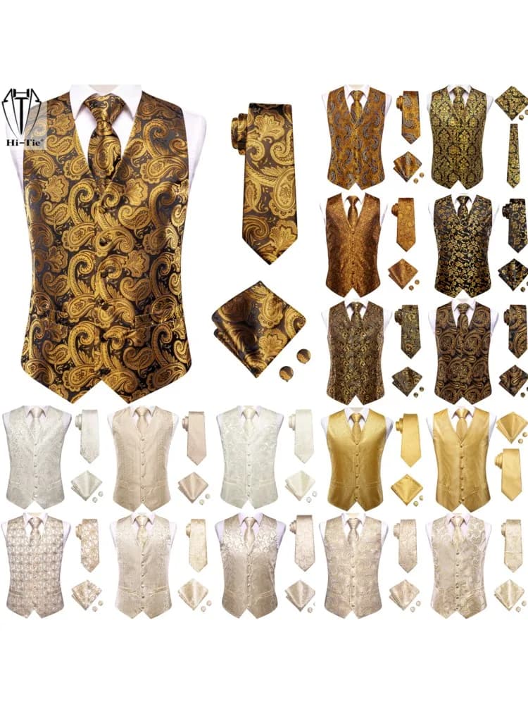 Hi-Tie Silk Mens Waistcoat Tie Set Gold Brown Orange Beige Ivory Khaki Bronze Sleeveless Jacket Suit Vest Necktie Hanky Cufflink
