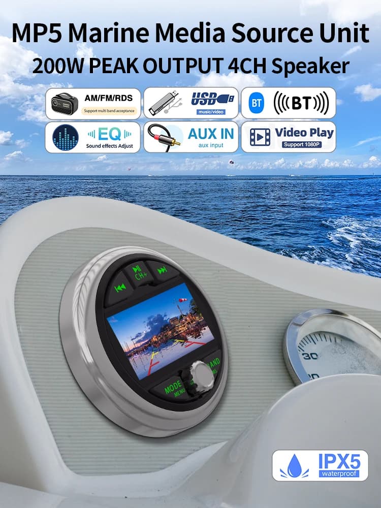 GRANDnavi Marine Stereo Waterproof IPX5 Boat MP5 Radio Player Bluetooth FM AM RDS Audio For Yacht Gauge ATV UTV Cart Motorcycle