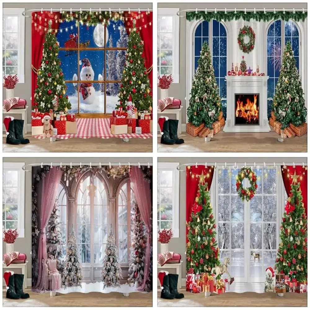 Christmas Party Shower Curtains Fireplace Christmas Tree and Gifts Snowman Snow Scene Washable Shower Curtain Art Bathroom Decor