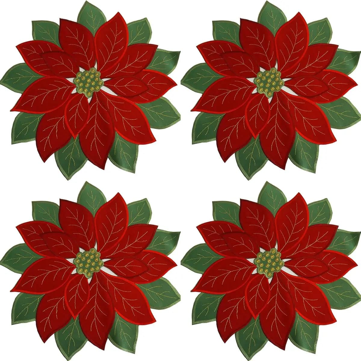 Holiday Christmas Applique Poinsettia Red Green Embroidered Christmas Flower Table Placemat for Home Dinner Xmas Table Top Decor