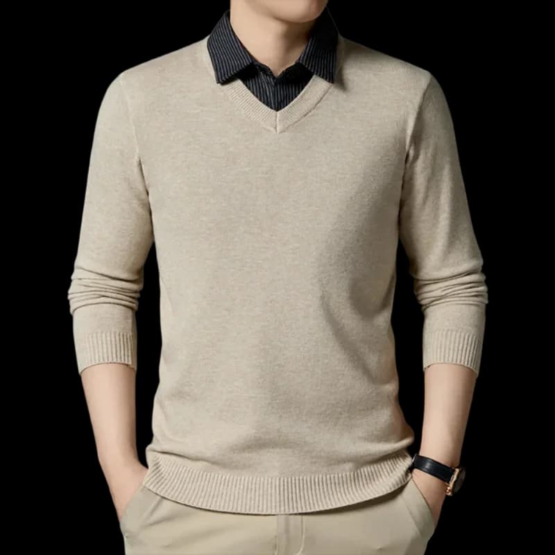 New Fall and Winter Fake Two-piece Shirt Collar Knitted Sweater for Men Stripes, Fashionable Warm Skin-friendly Base Sweater