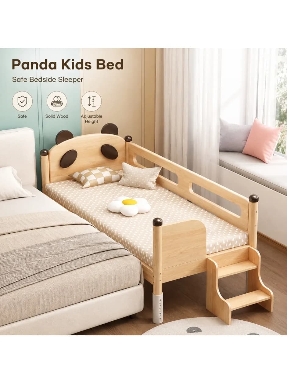 Solid Wood Kids Bedside Splicing Bed with Guardrail Toddler Bed Frame Height Adjustable with Mattress for Boys Girls