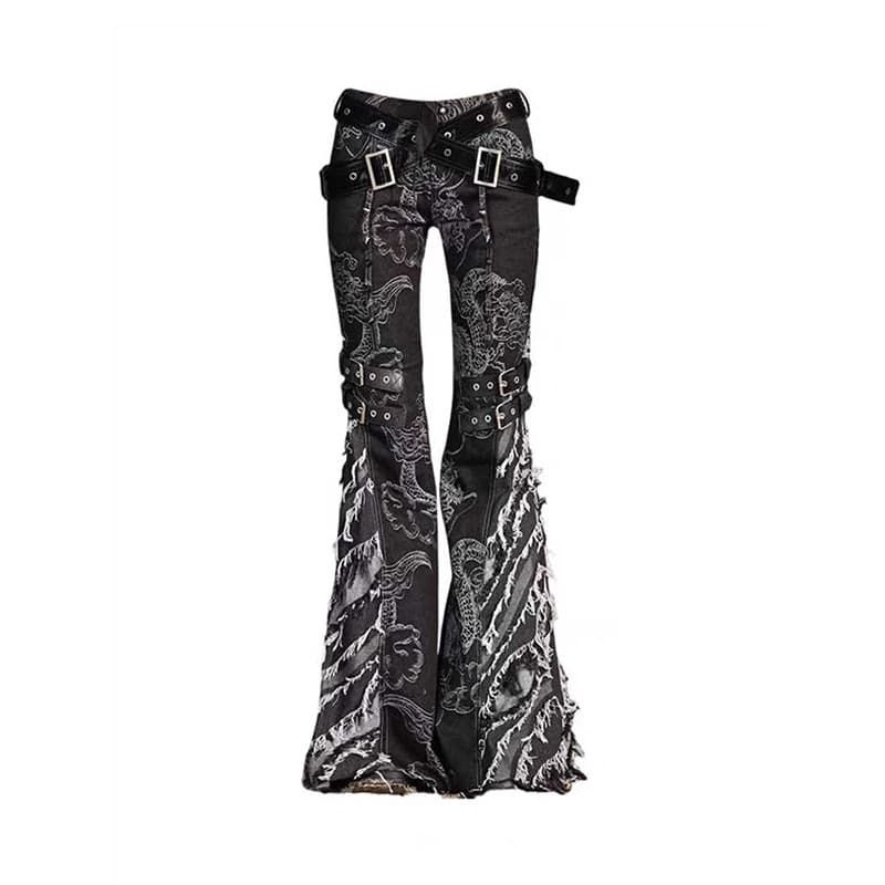 Women Goblin Core Bell-Bottom Low Rise Print Flare Denim Pants Long Trousers Tide Dark Academia Abi Y2k Japanese Streetwear Goth