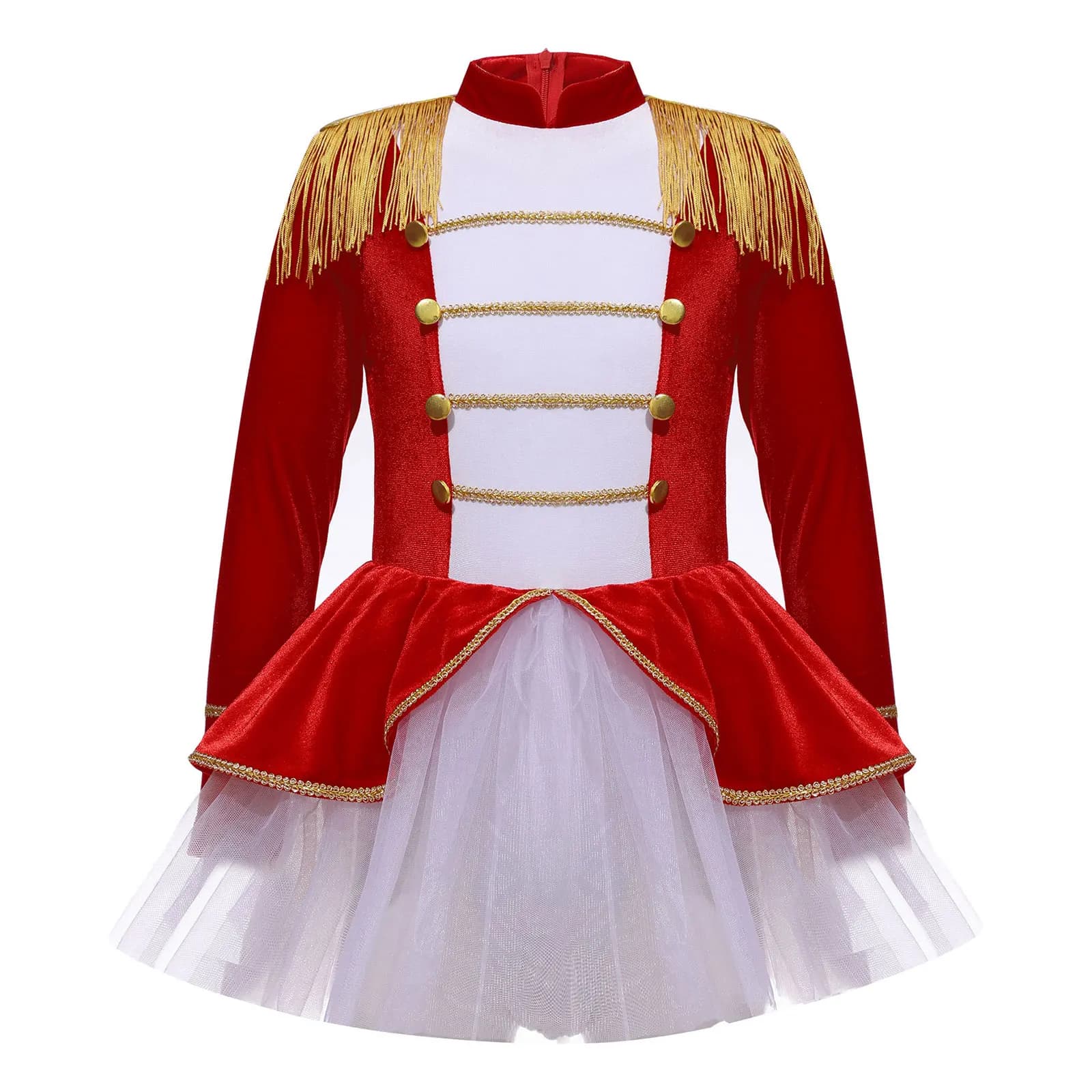 Kids Girls Christmas Circus Ringmaster Costume Halloween Carnival Party Cosplay Long Sleeve Tassel Epaulet Tutu Leotard Dress