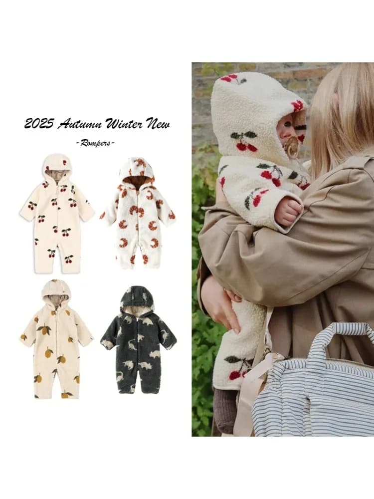 2025 Winter Long Sleeve Baby Fleece Hooded Jumpsuit Cherry Print Infant Warm Romper Crawling Outfit Newborn Clothes