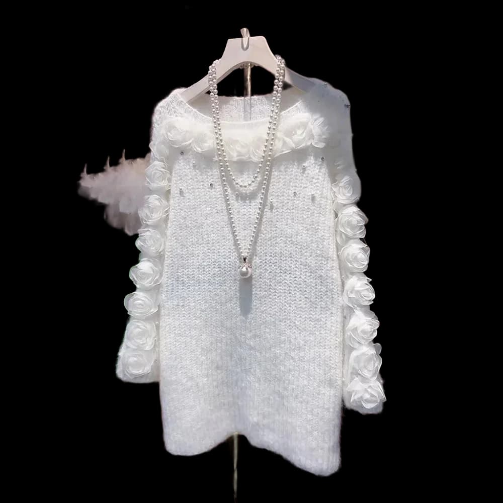 Fashionable knitted hollow rose spliced long sleeve loose women's clothing 2025 elegant winter new dress