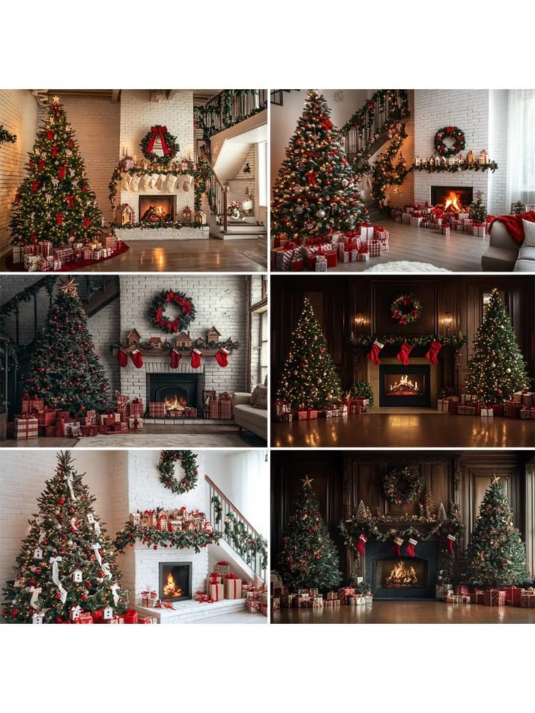 Christmas Photography Backdrop Xmas Tree Fireplace Gift Winter Window Family Kids Party Christmas Decoration Photo Background