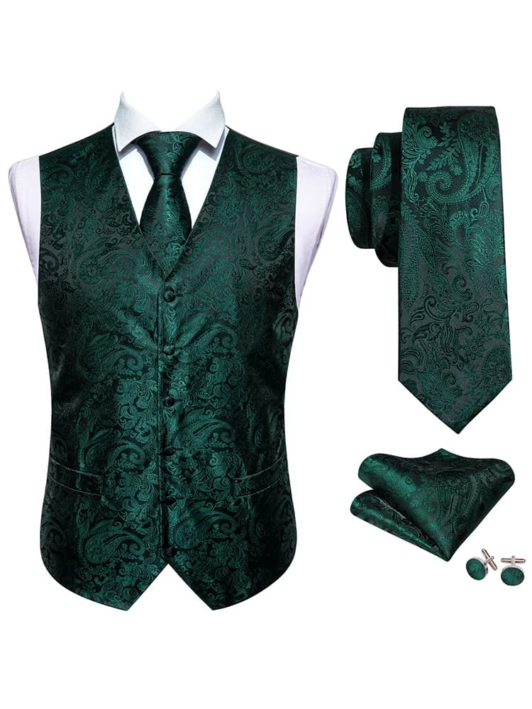 Luxury Mens Vest Suit Green Paisley Flower Slim Fit Male Dress Sleeveless Formal Work Waistcoat Tie Hanky Gilet Barry Wang
