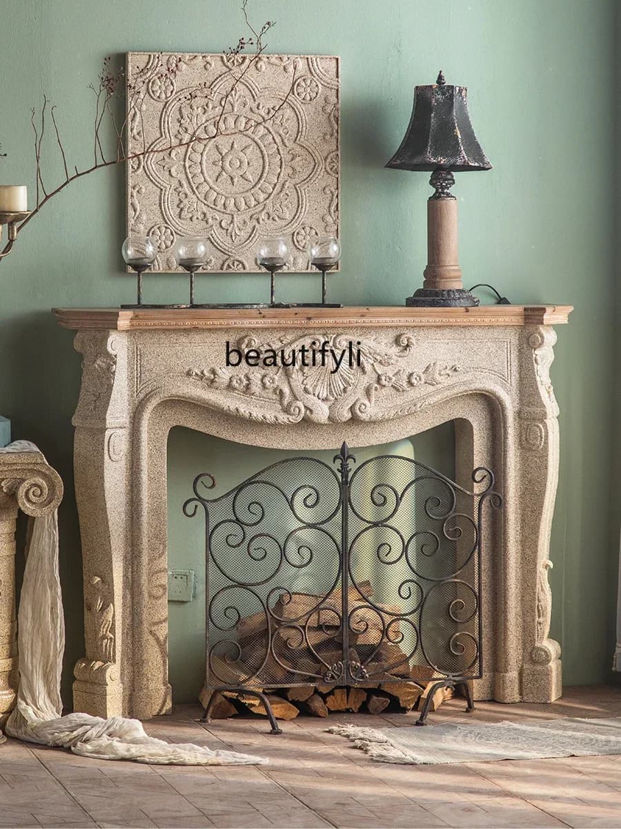 New style French Retro Villa Fireplace Curio Cabinet Living Room Retro Porch European Relief Fireplace Mantel ss 7304