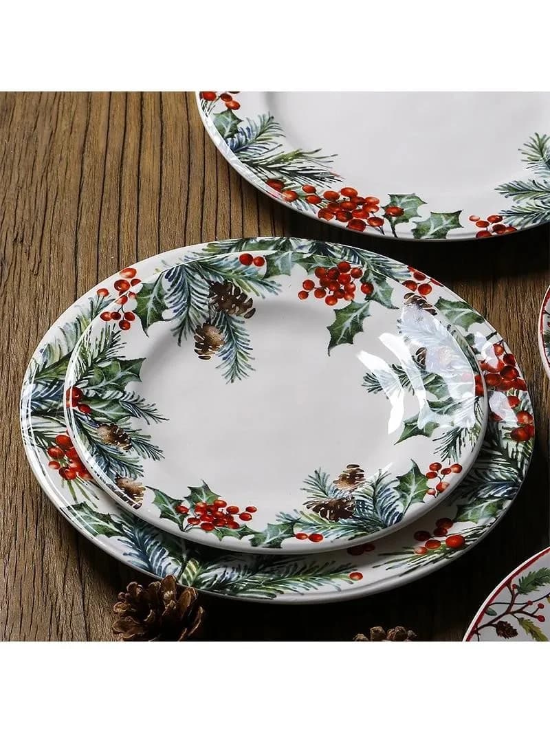 Christmas Ceramic Dinner Plate Set Household Underglaze Flat Round Dim Sum Decorative  Sushi