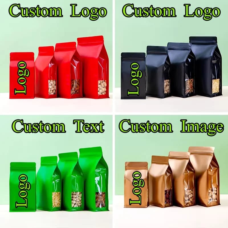 100PCS 3D Aluminum Foil Ziplock Window Packaging Bag DIY Logo Print Matcha Tea Drip Coffee Beans Snack Sugar Candy Gift Pouches