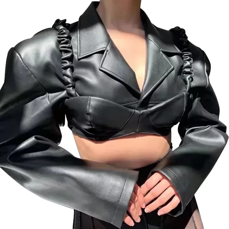 Autumn Short Black Soft Pu Leather Blazer Jacket Women Luxury Designer Fake 2 Pieces Clothes Runway Sexy Cropped Top Streetwear