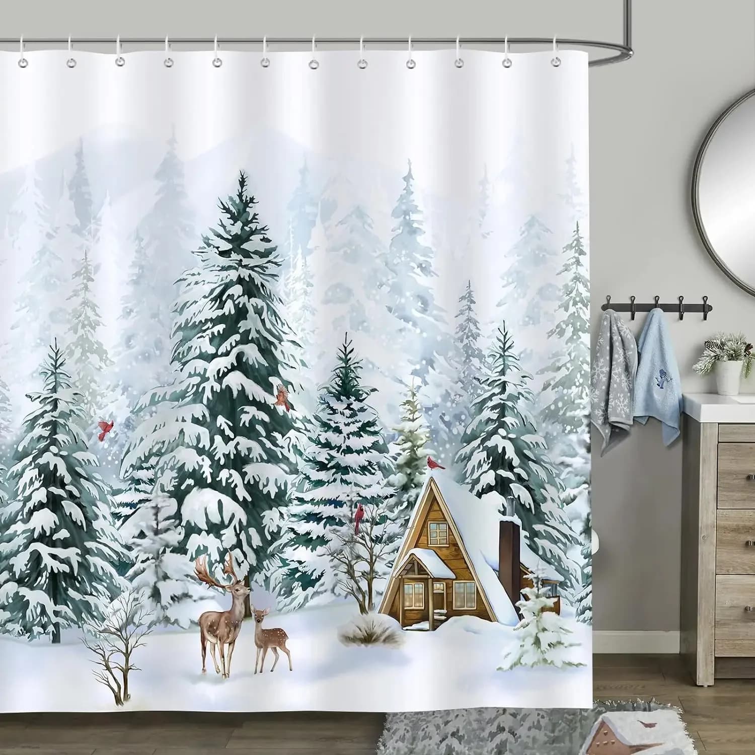 unframed Christmas Shower Curtain, Winter Farm Barn Snowman Animal Moose Berry Christmas Tree Snow Scene Red Bird Bathroom Decor