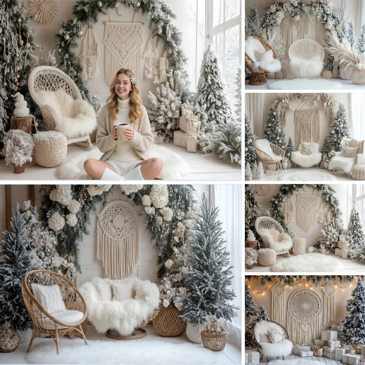 Christmas Photography Backdrops Boho White Pampas Grass Recliner Xmas Trees Girls Wedding Birthday Party Decor Photo Background