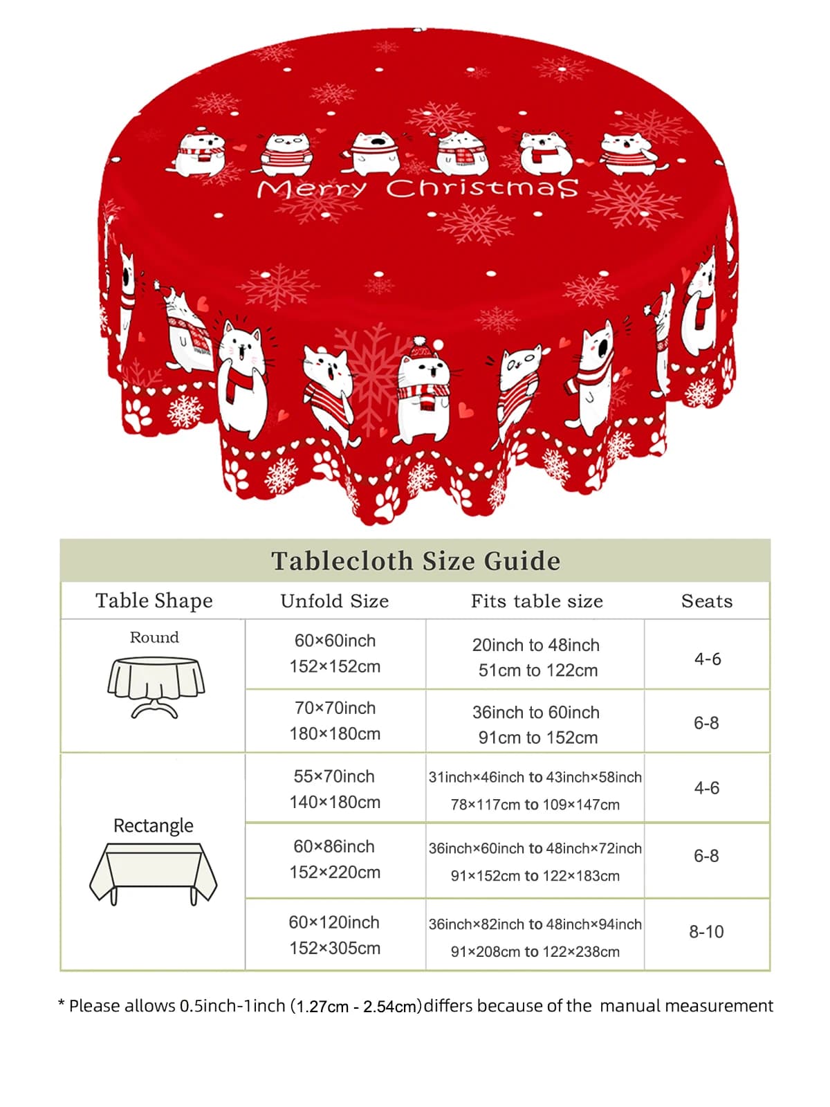 1 Piece, Winter Merry Christmas Atmosphere Cat Printed Tablecloth + 4 Self-Adhesive, Six Cute White Cat and Snowflake Cat Paw Heart Patterns, Embossed