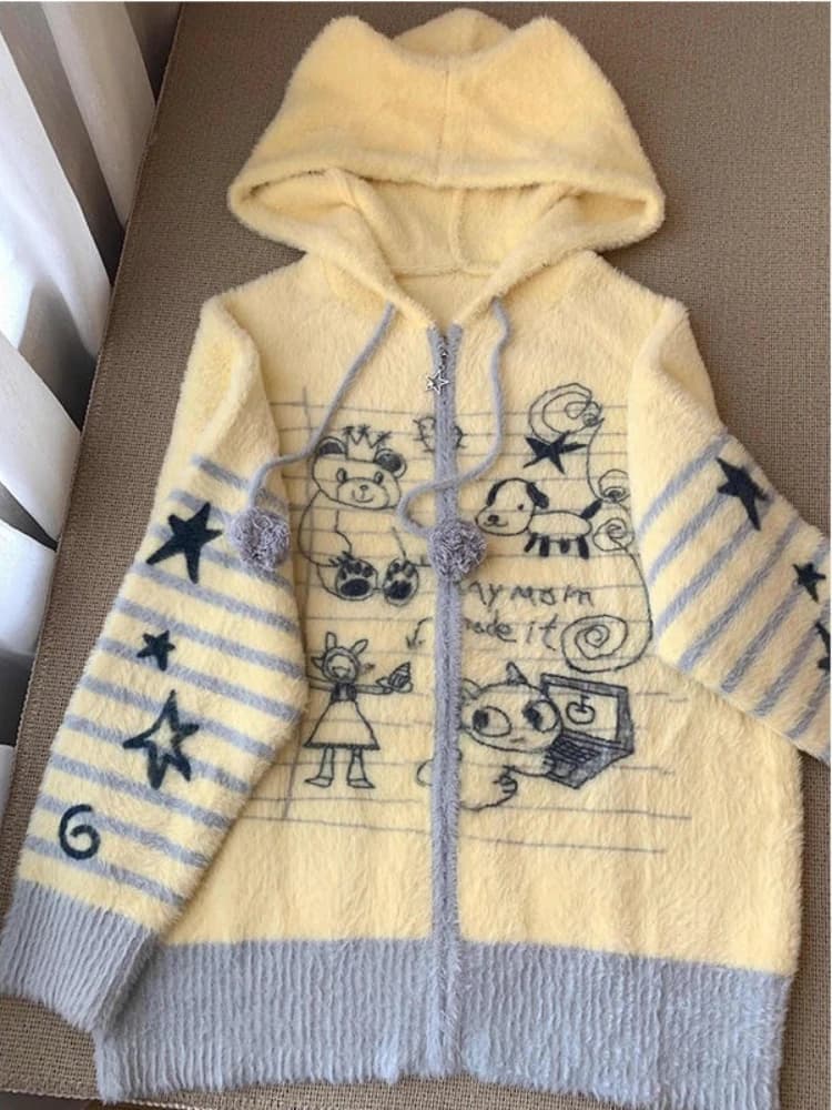 American Vintage Sweet Graffiti Print Sweater Women Sweet Kawaii Oversized Hooded Winter Knitted Fashion Slim Fit Cardigan New