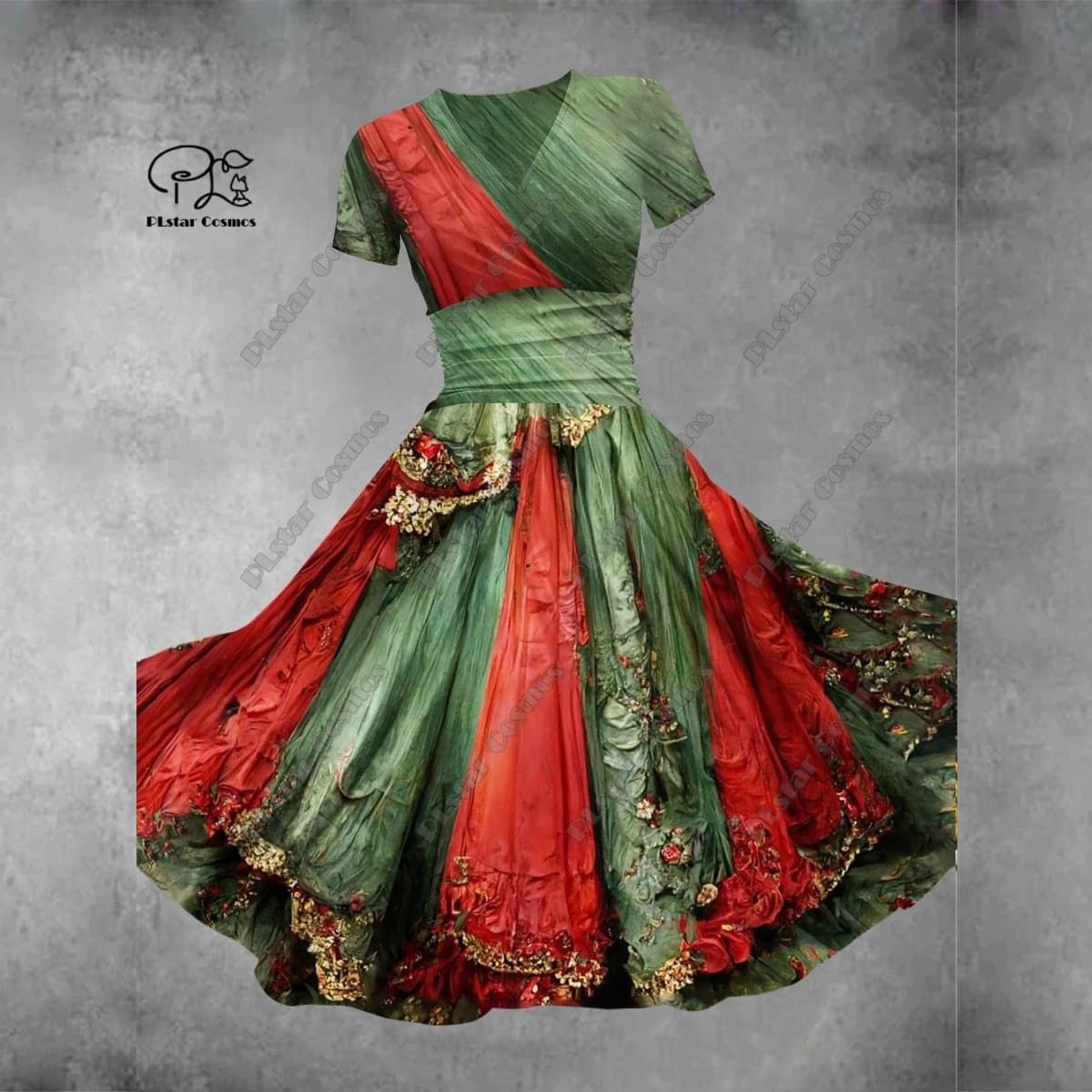 PLstar Cosmos 3D printed new Merry Christmas series V-neck short-sleeved dress A-line long skirt summer casual fashion S-3