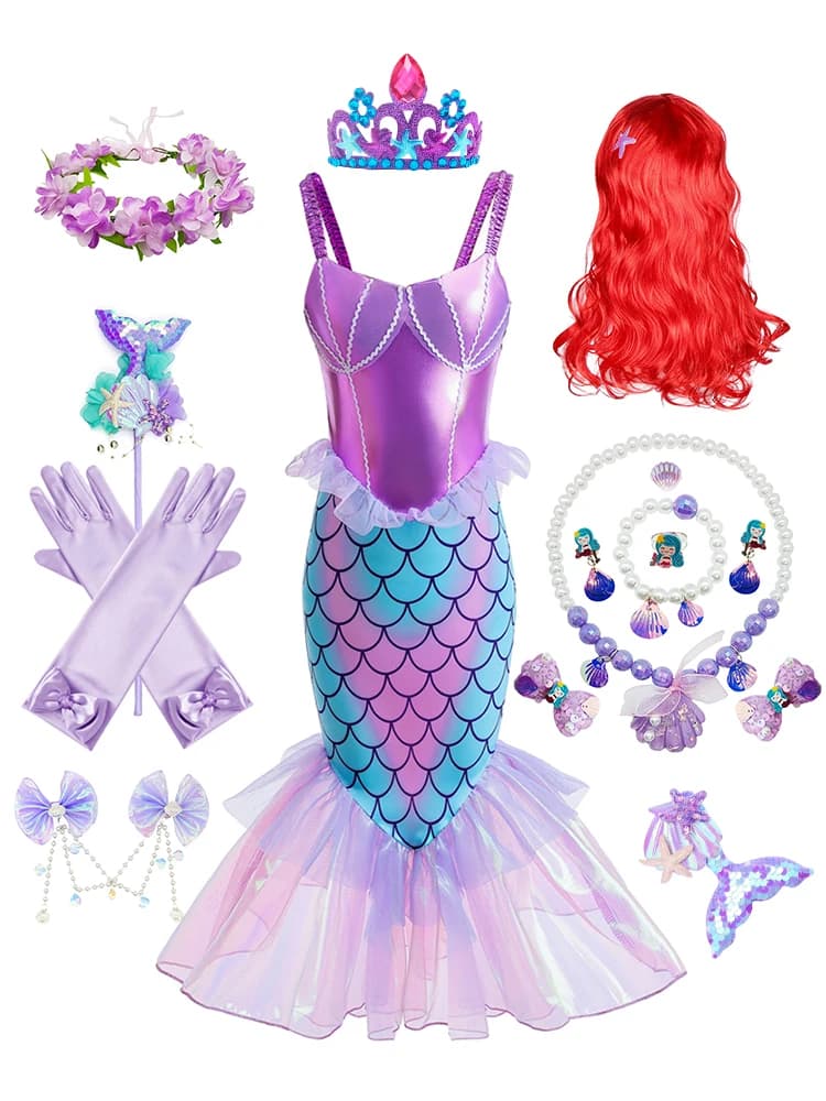 Kids Mermaid Cosplay Princess Dress Girl Ariel Fancy Ruffle Costume Children Halloween Carnival Festival Birthday Party Clothing