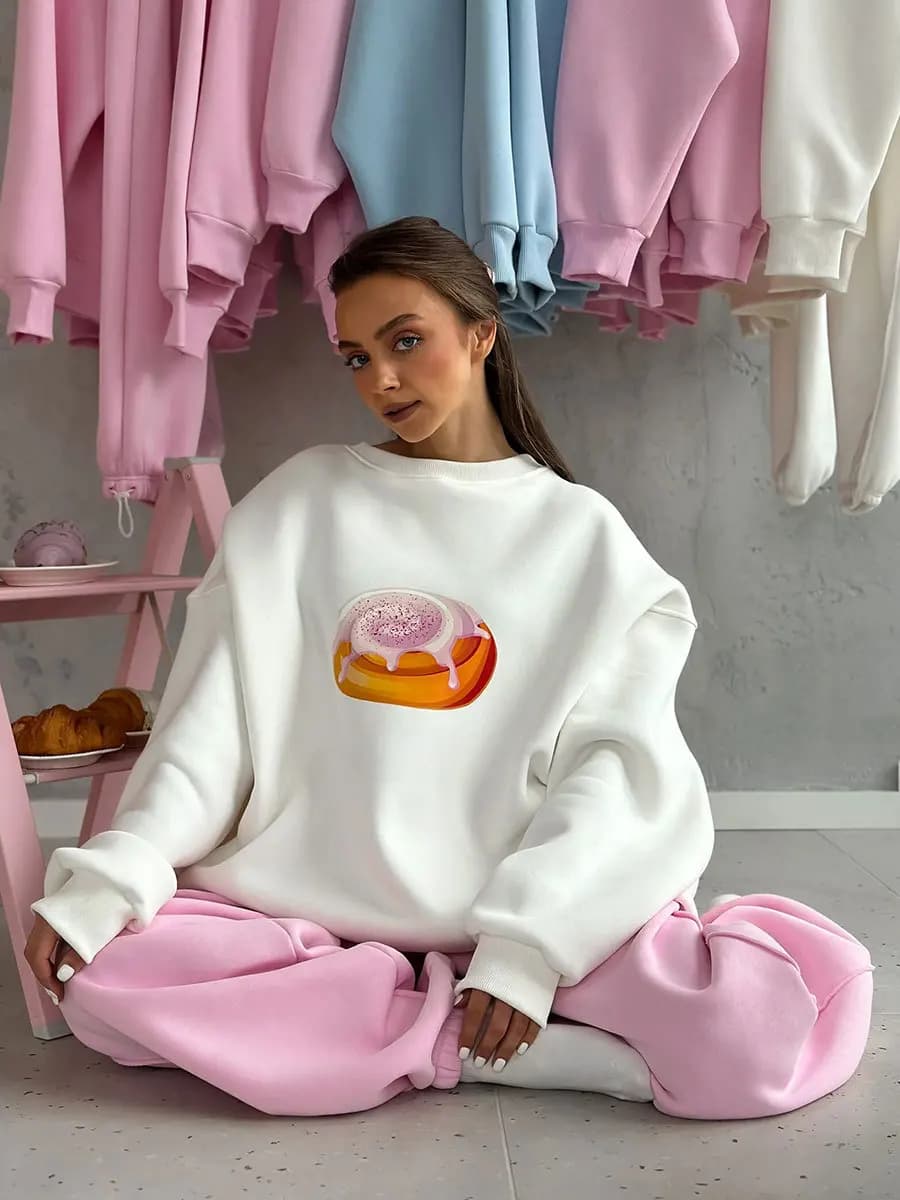Sumuyoo Cake Printed Pullover Women's New Autumn Winter Plush Loose Slimming Long Sleeves Sweatshirts O-neck Pullover Hoodie