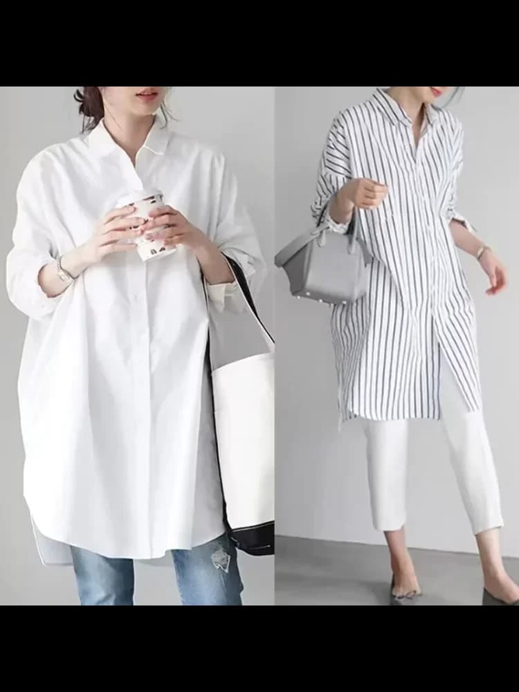 Women's Long Sleeve White Shirt New Mid-Length Stylish Loose Design Shirt