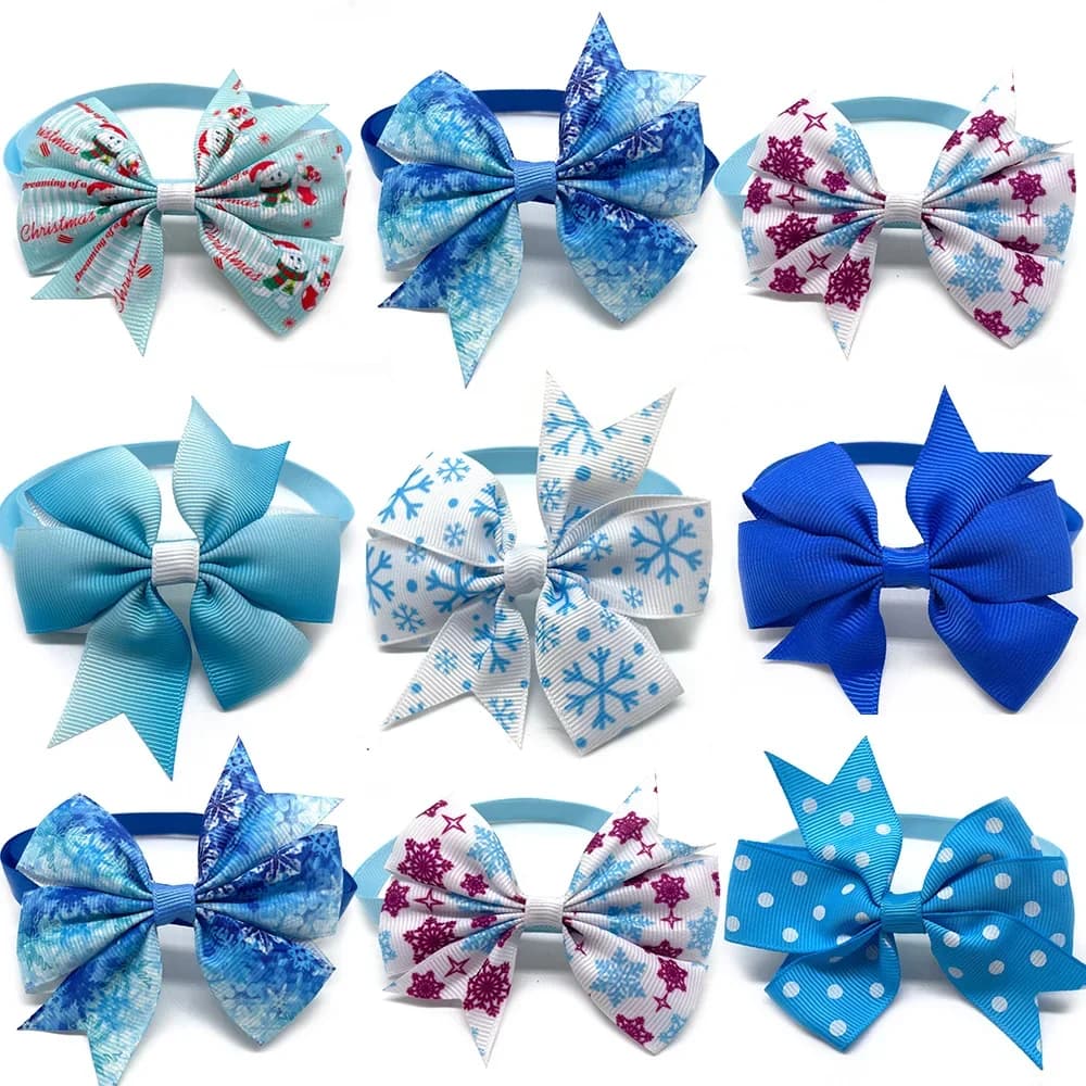 50/100pcs Pet Dog Winter Accessories Small Dogs Cat Bowties Neckteis Snowflake style Dog Grooming Products Dog Holiday Blue Bows