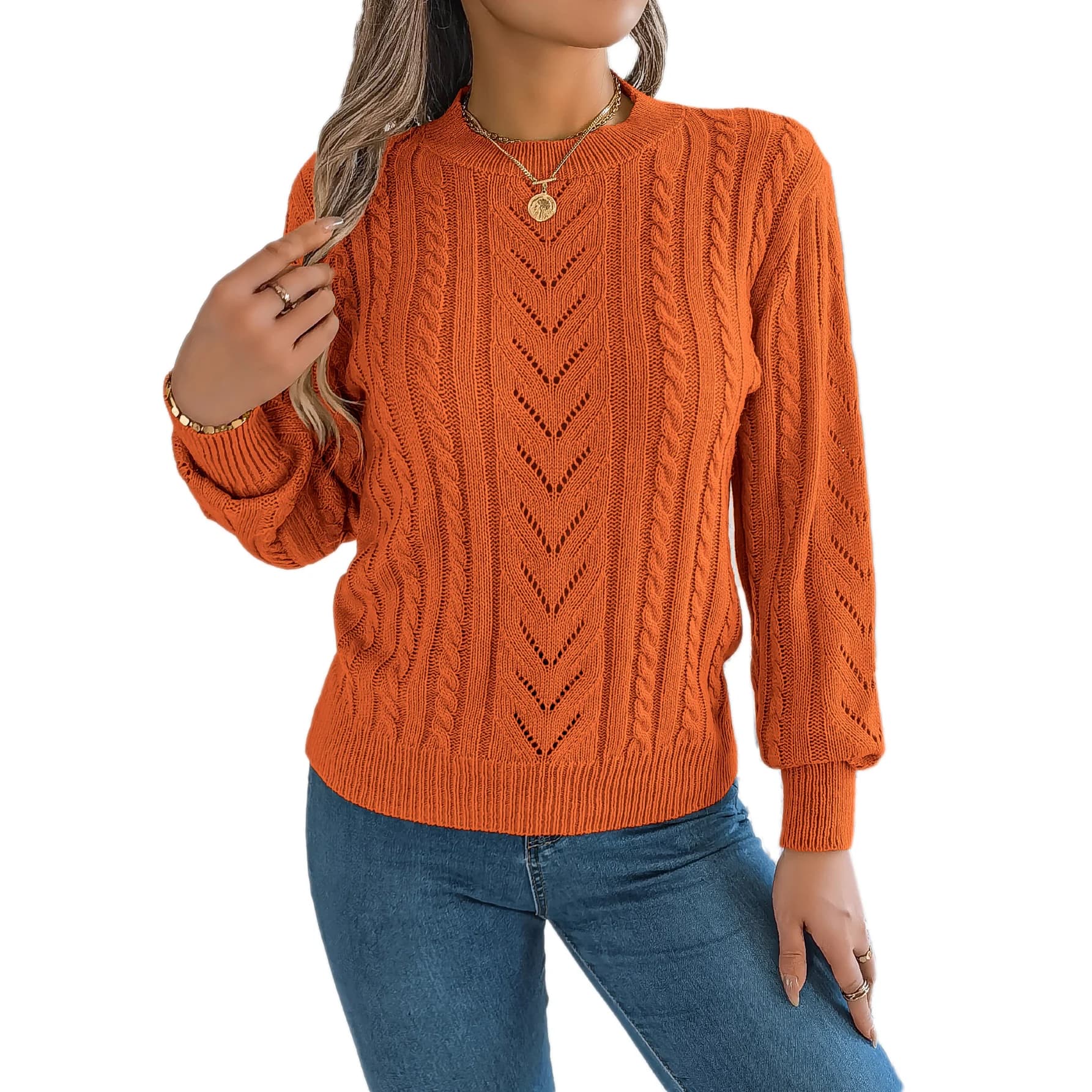 Autumn and Winter Casual Solid Color O-Neck Hollow Out Long Sleeved Pullover Sweater