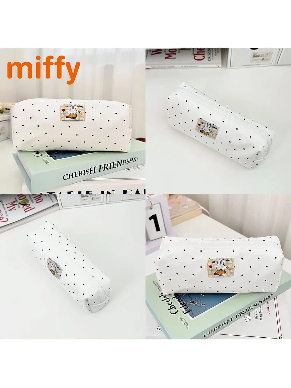 Kawaii Miffy Cute Pencil Case Cartoon Rabbit Embroidery Simple Style Polka Dot Printing Cosmetic Brush Storage Bag Girl Gift