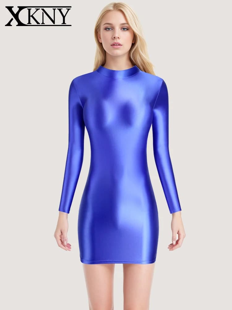 XClocKNYoung satin glossy Dress Elastic Oil high neck long sleeve long dress satin glossy Classic Silk Wrap Hip One Step Dress